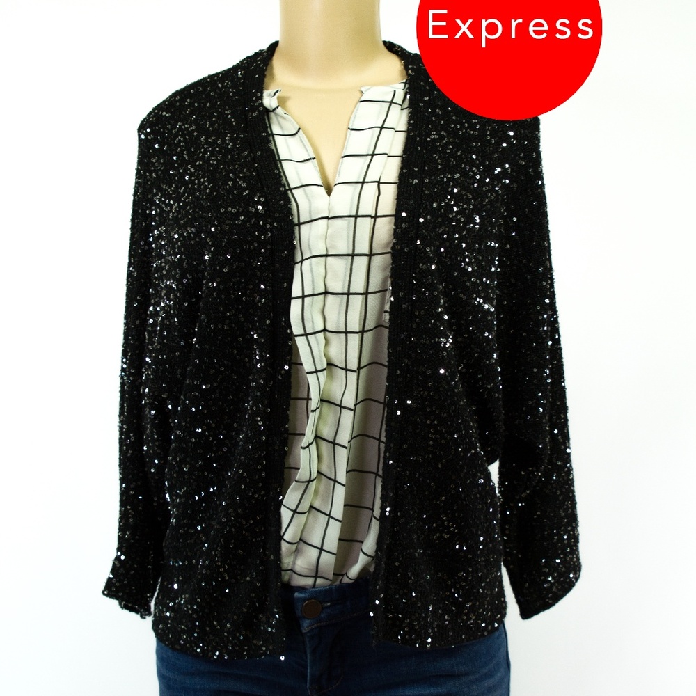 NEW EXPRESS Black Sequin Open Cardigan. Size L.